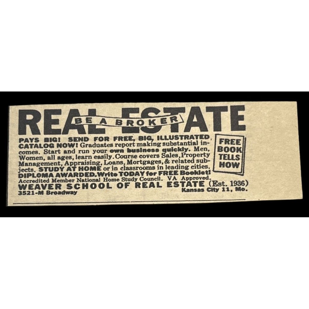 Weaver School of Real Estate Mini Print Ad Vintage 1963 Study Kansas City MO
